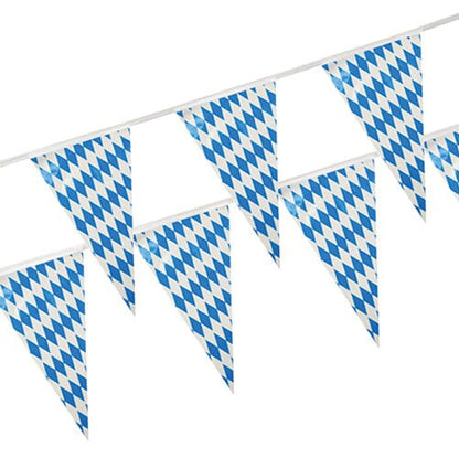 The PAPSTAR pennant chain, weatherproof foil of PAPSTAR GmbH is a chain of blue-white pennant flags in a diamond pattern, ideal for outdoor events due to its weatherproof foil.