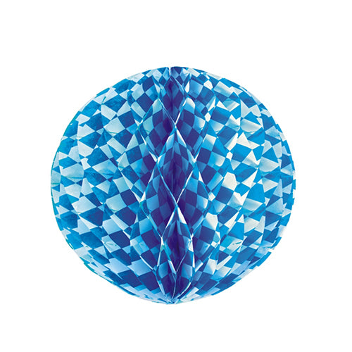 Der PAPSTAR Wabenball schwer entflammbar der PAPSTAR GmbH präsentiert sich mit einem blauen Karomuster, vollflächig entfaltet und frontal auf weißem Untergrund – ideal als schwer entflammbare Dekoration für jede Veranstaltung.