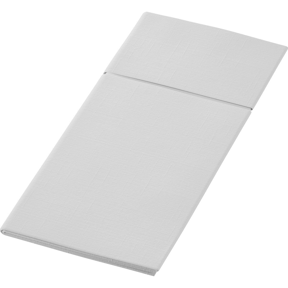 Ein weißes, rechteckiges Duniletto 480 x 400 mm der Duni GmbH wird auf einem unifarbenen Hintergrund gefaltet gezeigt. Sein dezent strukturierter Stoff mit sichtbaren Linien macht es zu einem schicken Accessoire für jeden gedeckten Tisch.