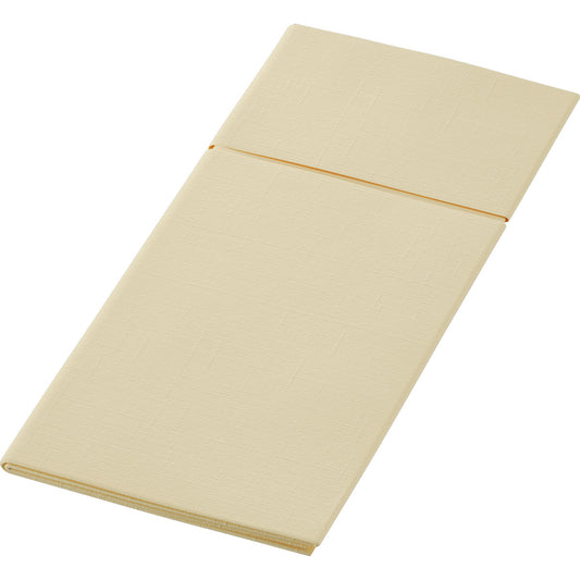 Das Duniletto 480 x 400 mm der Duni GmbH ist ein gefaltetes, rechteckiges, beigefarbenes Untersetzer- oder Kissen mit einer Falte, die es in zwei Teile teilt - ideal als stilvolles Tischaccessoire oder Bestecktasche, hier auf weißem Hintergrund.
