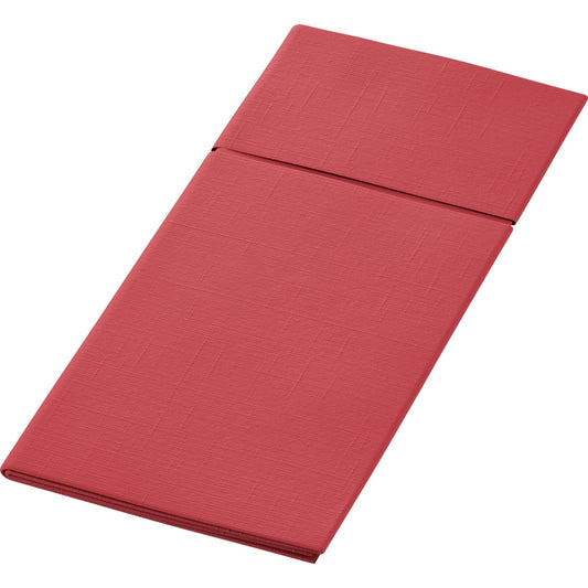 Das Duniletto 480 x 400 mm von Duni GmbH ist ein rechteckiges, gefaltetes rotes Passepartout mit dezentem Strukturmuster, perfekt als elegante Bestecktasche und Tischaccessoire für stilvoll gedeckte Tische.