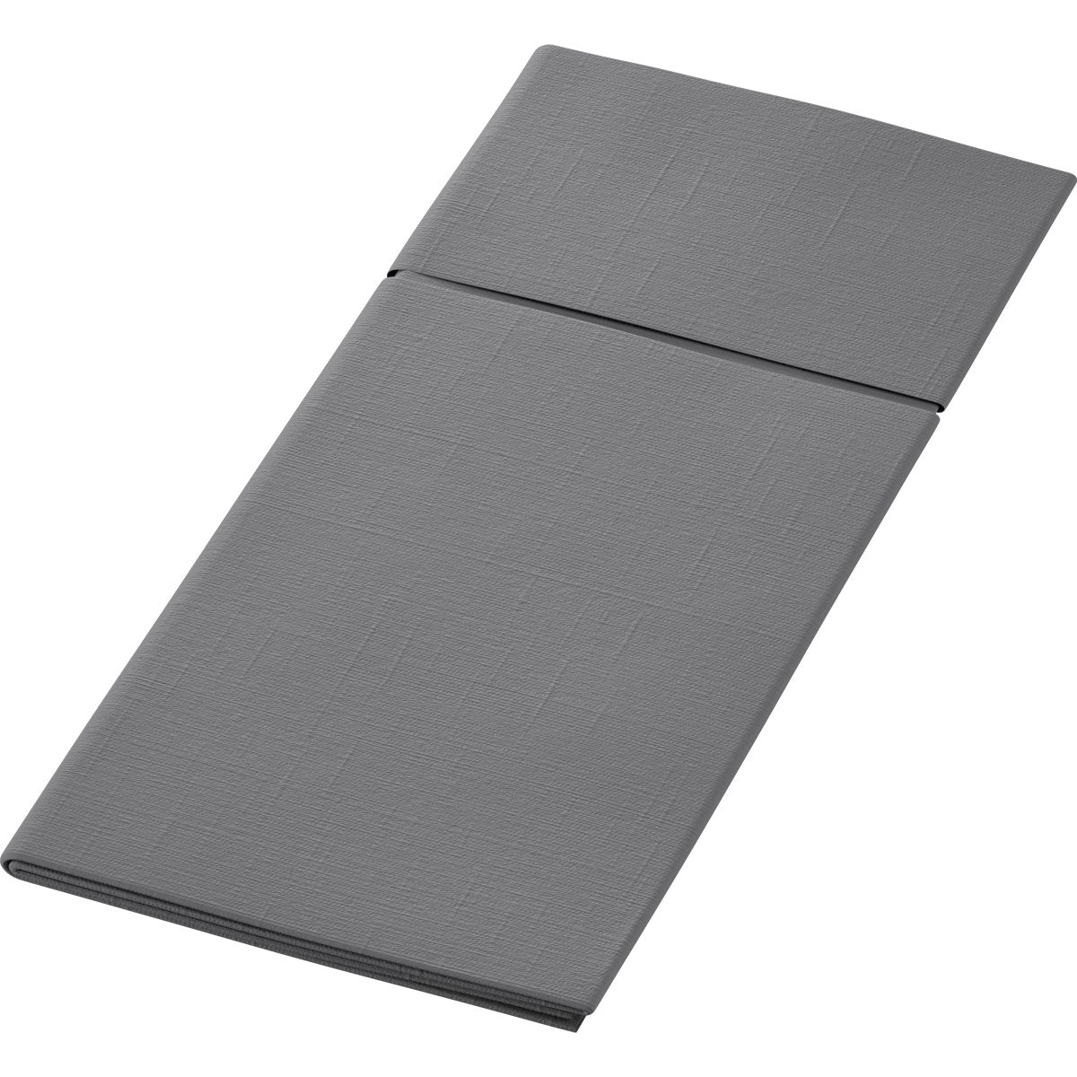 Auf weißem Grund wird ein gefaltetes, rechteckiges, graues Duniletto 480 x 400 mm der Duni GmbH gezeigt, das ein dezentes Strukturmuster aufweist und die Form und Eleganz eines hochwertigen Tischaccessoires vereint.