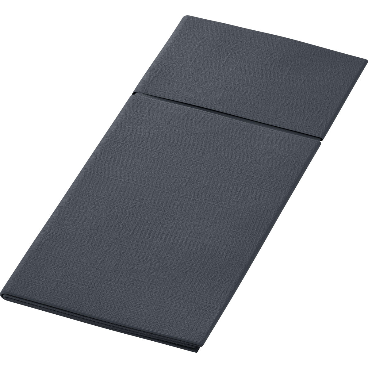 Ein sauber gefaltetes Duniletto 480 x 400 mm Passepartout der Duni GmbH in dunkelgrau mit strukturierter Oberfläche und sichtbaren Falten, abgebildet auf einem schlichten weißen Hintergrund - die ideale Bestecktasche und stilvolles Tischaccessoire für jeden gedeckten Tisch.