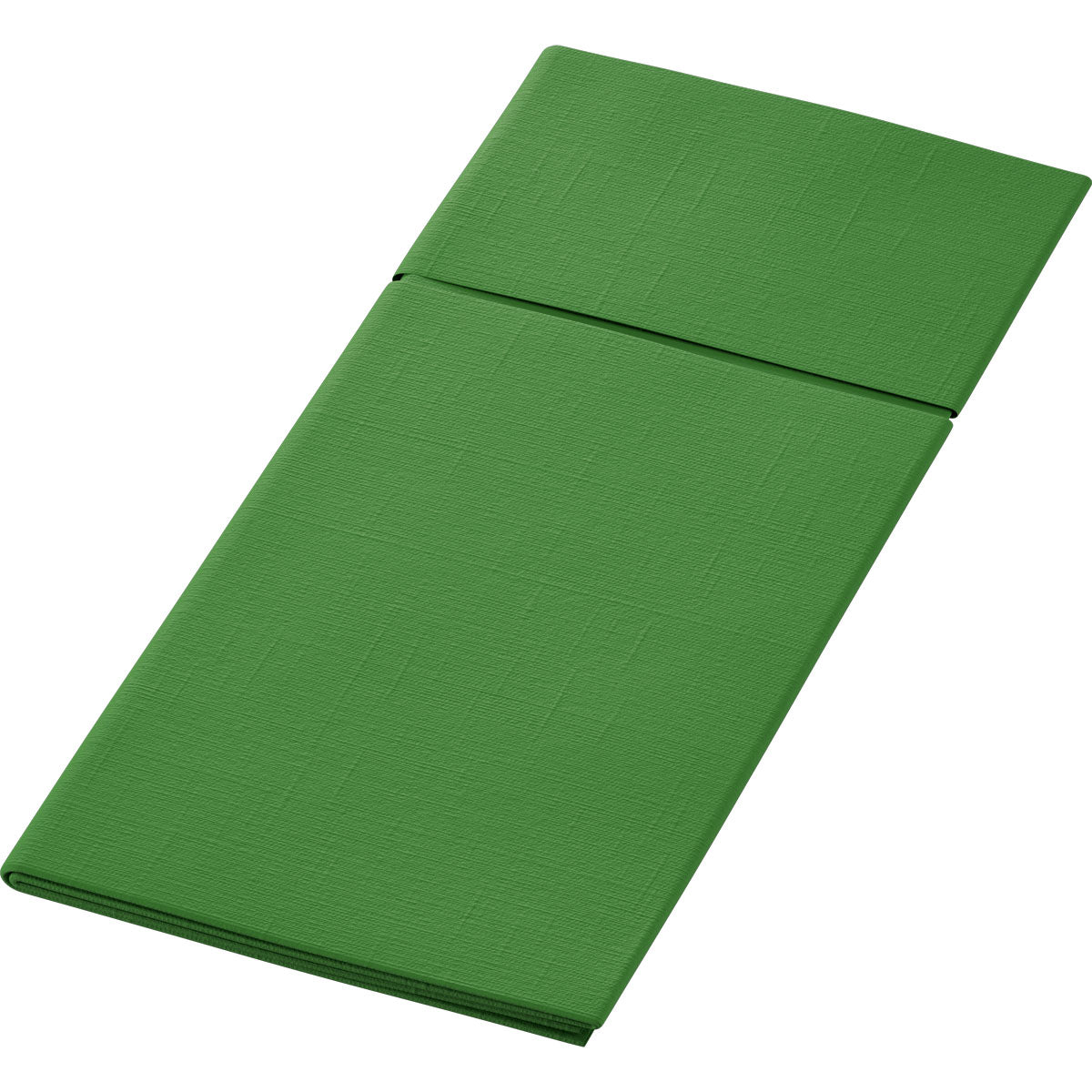 Das Duniletto 480 x 400 mm der Duni GmbH ist ein grünes Faltdeckchen mit Mittelfalte, das flach auf weißem Grund abgebildet ist - ideal als Tischaccessoire oder Bestecktasche für den elegant gedeckten Tisch.