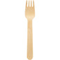 The Duni GmbH fork 160 mm, unwaxed wood is an eco-friendly wooden utensil that combines spoon and fork properties and is ideal for sustainable nutrition; available in packs of 100 pieces.