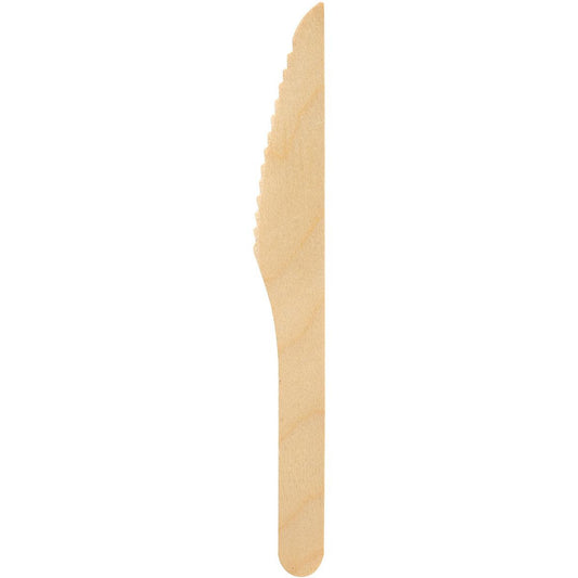 Ein Messer (165 mm) aus ungewachstem Holz von Duni GmbH, mit flachem Griff und gezackter Klinge, aus der Packung "Natural ungewachst 165" (100 Stück), fotografiert vor weißem Hintergrund.