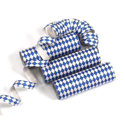 Three streamers (each 4 m) from PAPSTAR GmbH with blue-white diamond pattern are arranged on a white surface, one of them partially unrolled – ideal as high-quality decoration for any festive occasion.