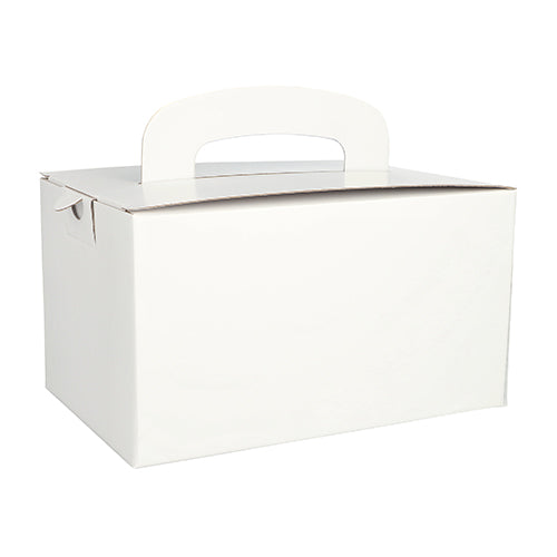 Eine schlichte weiße PAPSTAR Lunch-Box aus umweltfreundlicher Pappe, eckig (12,5 x 15,5 x 22,5 cm) mit Tragegriff von PAPSTAR GmbH, unbenutzt und perfekt zum Transportieren oder Verpacken von Gegenständen.