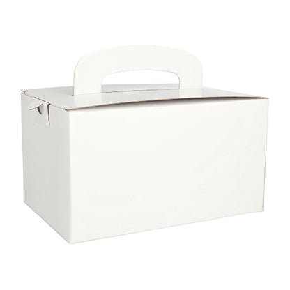 A simple white PAPSTAR lunch box made of environmentally friendly cardboard, rectangular (12.5 x 15.5 x 22.5 cm) with a carrying handle from PAPSTAR GmbH, unused and perfect for transporting or packaging items.