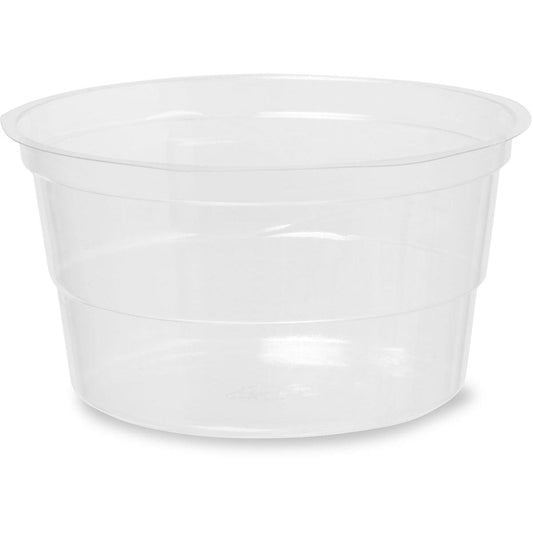 Ein transparenter, runder rPET Einsatz für Gläser Crystal 188004-188006 von Duni GmbH, Packung mit 50 Stück, leer dargestellt mit ausgestelltem Rand - ideal als umweltfreundliche Trinkgläser aus recyceltem PET für nachhaltiges Leben.