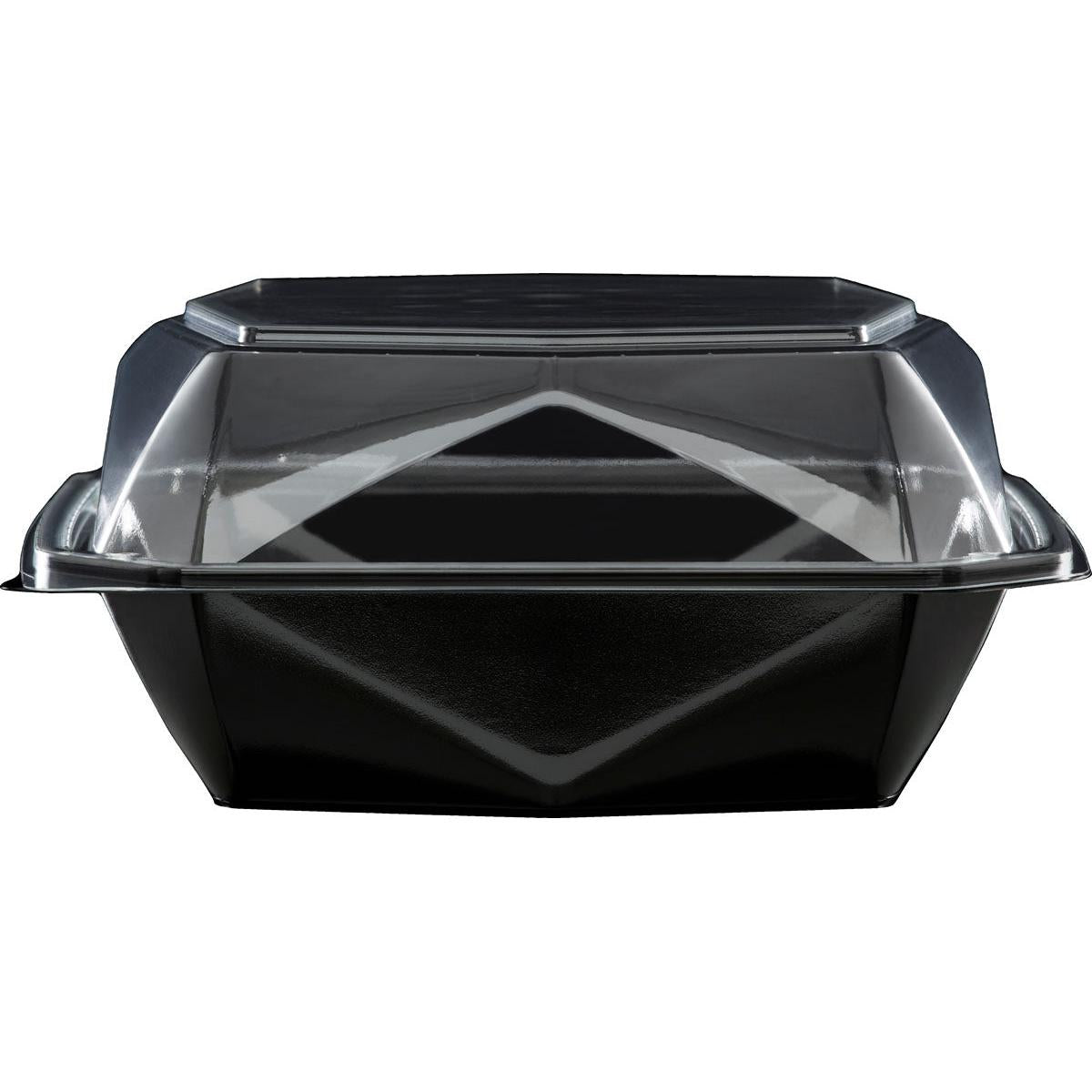 The Octaview® M+ Black/Transparent APET 185x185x90 Takeout Container by Duni GmbH is shown closed, viewed from the front, against a white background - an ideal transparent packaging solution for food presentation.