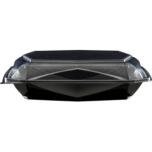 Der Octaview® L Schwarz / Transparent APET 225x225x65 Lebensmittelbehälter der Duni GmbH ist leer mit sicher verschlossenem, klarem Deckel abgebildet, fotografiert von vorne auf weißem Hintergrund. Packung (100 Stück).