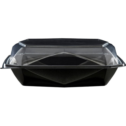 Ein Duni GmbH Octaview® L+ Schwarz/Transparent APET 225x225x80 Entnahmebehälter mit klarem Deckel ist geschlossen und leer vor einem weißen Hintergrund abgebildet. Die Packung enthält 100 Stück.