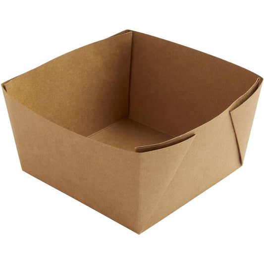 Eine schlichte Viking Block Box Braun Karton/PE 140x140x75 von Duni GmbH, mit gefalteten Ecken, leer auf weißem Hintergrund dargestellt. Packung (300 Stück).