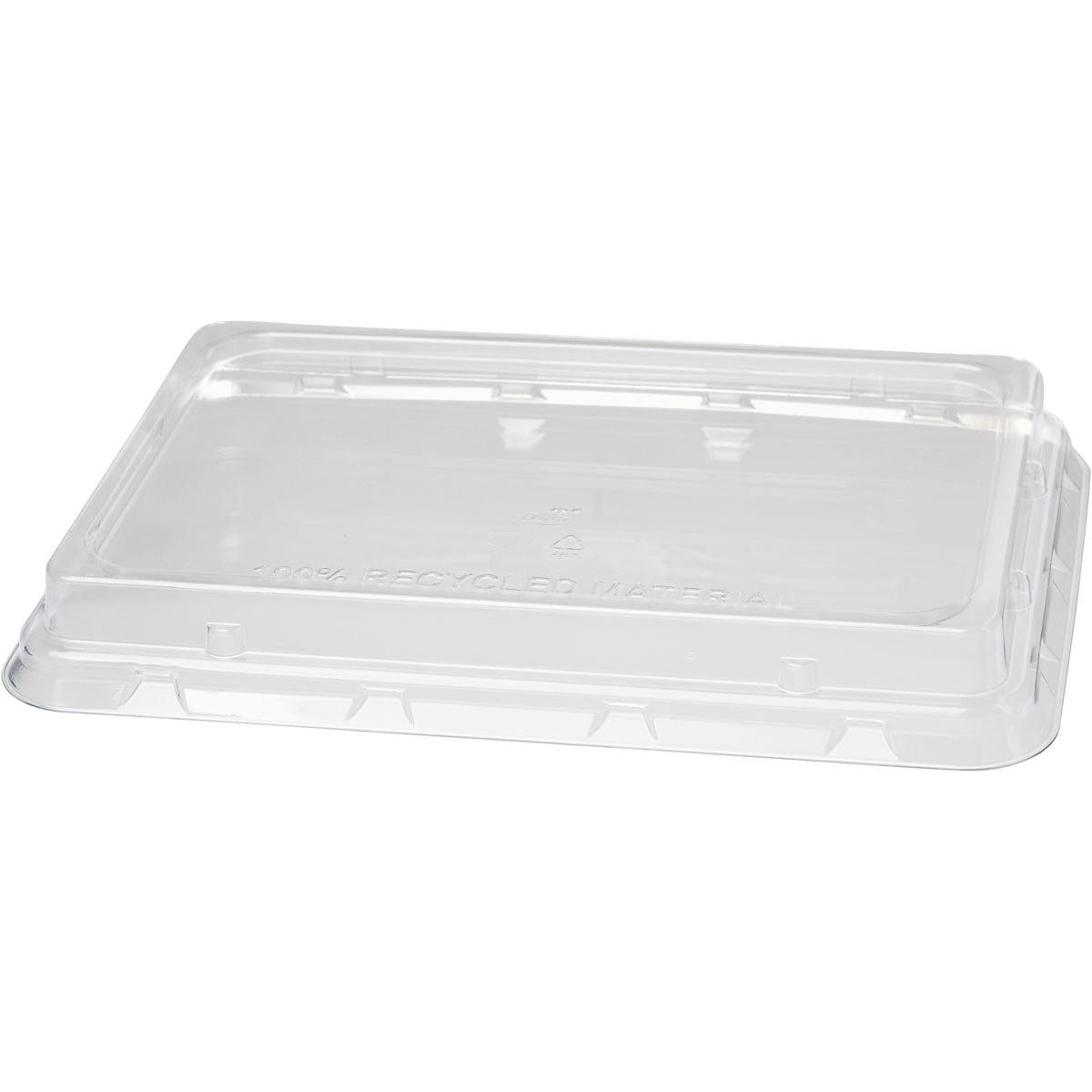 Der Duni GmbH rPET Deckel 850/1200 ml (239x165x28 mm) ist ein klarer, rechteckiger Kunststoffdeckel aus recyceltem Material. Er ist ideal für die Aufbewahrung von Lebensmitteln, passt sicher auf passende Behälter und hat einen leicht erhöhten Rand.