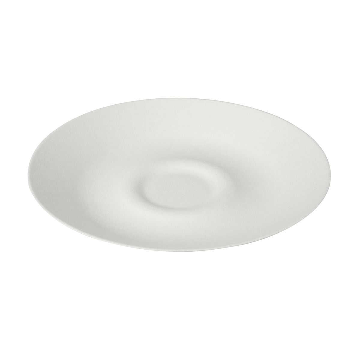 Ein weißer Bagasse Teller ø 27 cm von Duni GmbH, Packung (25 Stück), hergestellt aus umweltfreundlicher, biologisch abbaubarer Bagasse, mit einer runden Vertiefung in der Mitte, fotografiert auf weißem Hintergrund.