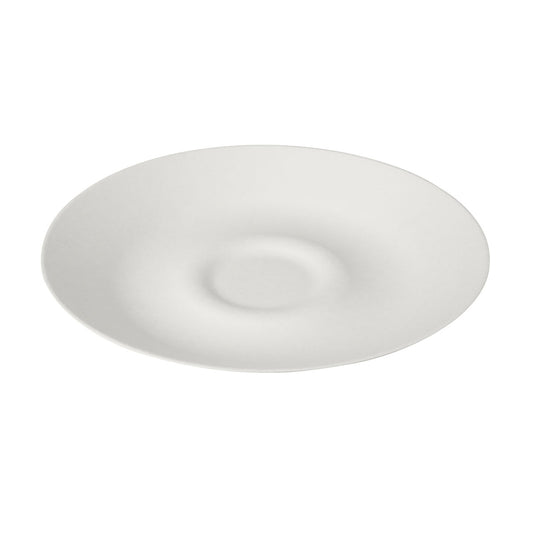 Ein weißer Bagasse Teller ø 27 cm von Duni GmbH, Packung (25 Stück), hergestellt aus umweltfreundlicher, biologisch abbaubarer Bagasse, mit einer runden Vertiefung in der Mitte, fotografiert auf weißem Hintergrund.