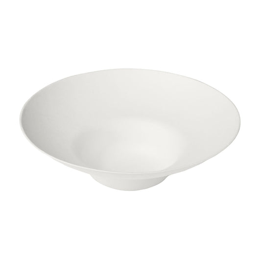 Der Bagasse Teller ø 19 cm von Duni GmbH (Packung mit 25 Stück) ist ein weißer, runder Einwegteller mit breitem Rand-biologisch abbaubar und umweltfreundlich.