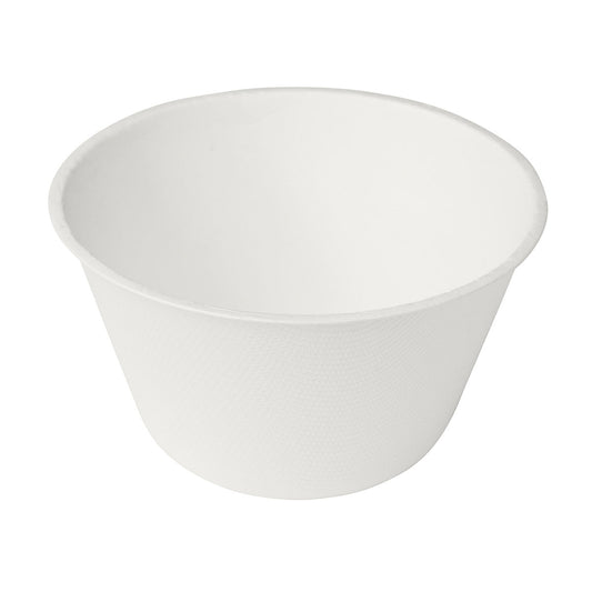 Eine runde, weiße Bagasse Schale 47 cl der Duni GmbH ist von oben leicht schräg auf weißem Hintergrund abgebildet. Der biologisch abbaubare Becher wird in einer Packung mit 35 Stück geliefert.