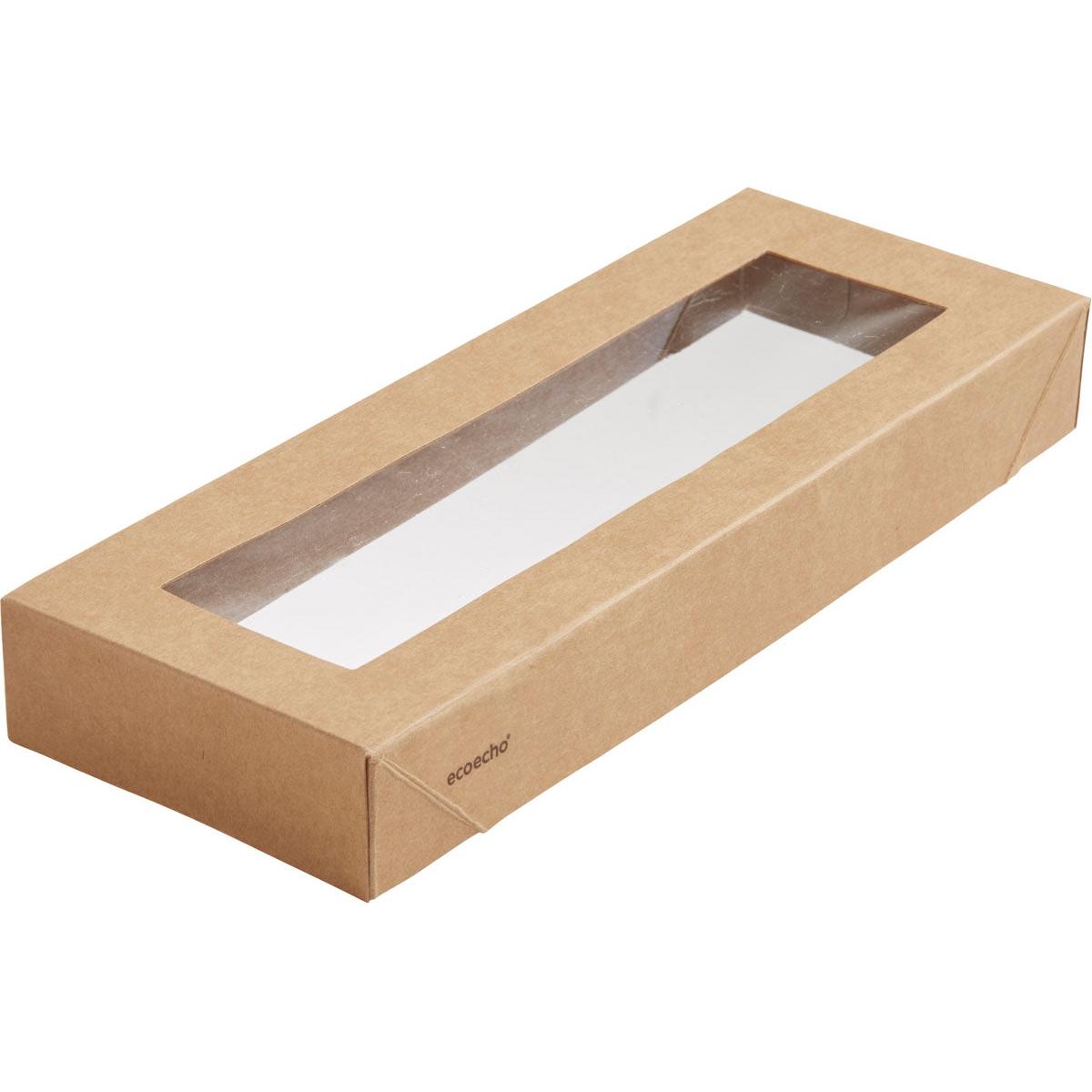 Der Viking Slim Brick Deckel von Duni GmbH ist eine braune Pappschachtel (225x85x30 mm) mit einem PLA-Fenster auf der Oberseite für bessere Sichtbarkeit. Diese umweltfreundliche Verpackung ist schlicht, minimal beschriftet und hat sauber gefaltete Ecken. Verpackung: 300 Stück.