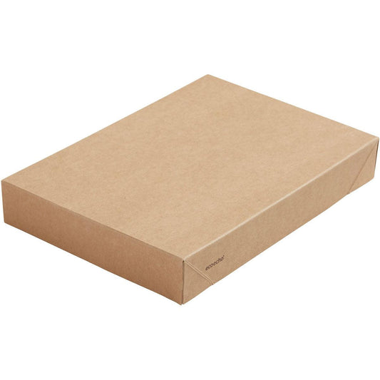 Ein geschlossener, rechteckiger Viking Brick Deckel Karton Braun Karton/PLA 200x140x30 von Duni GmbH ist auf weißem Hintergrund abgebildet, unbeschriftet bis auf einen schwachen Text als umweltfreundliche Verpackung für Gastronomie Verpackung (Packung: 300 Stück).