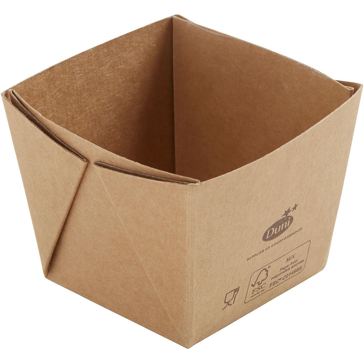 Der Viking Cube Mini 250 ml von Duni GmbH ist ein brauner, quadratischer, biologisch abbaubarer Lebensmittelbehälter aus Pappe/PLA (75x75x60 mm) mit gefalteten Ecken und aufgedruckten Details auf einer Seite, leer dargestellt in einer schrägen Draufsicht. Packung: 300 Stück.