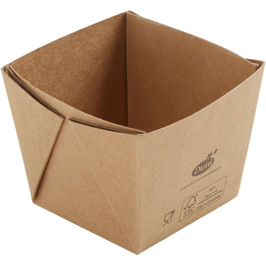 Der Viking Cube Mini 250 ml von Duni GmbH ist ein brauner, quadratischer, biologisch abbaubarer Lebensmittelbehälter aus Pappe/PLA (75x75x60 mm) mit gefalteten Ecken und aufgedruckten Details auf einer Seite, leer dargestellt in einer schrägen Draufsicht. Packung: 300 Stück.
