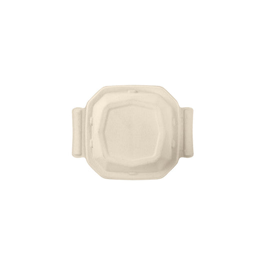 Ein Braun Bagasse Deckel für 188140 Einweg-Lebensmittelbehälter der Duni GmbH (202x160x37mm, Packung 80 Stück) ist von oben mit zwei kleinen Griffen auf einfarbig weißem Hintergrund abgebildet.