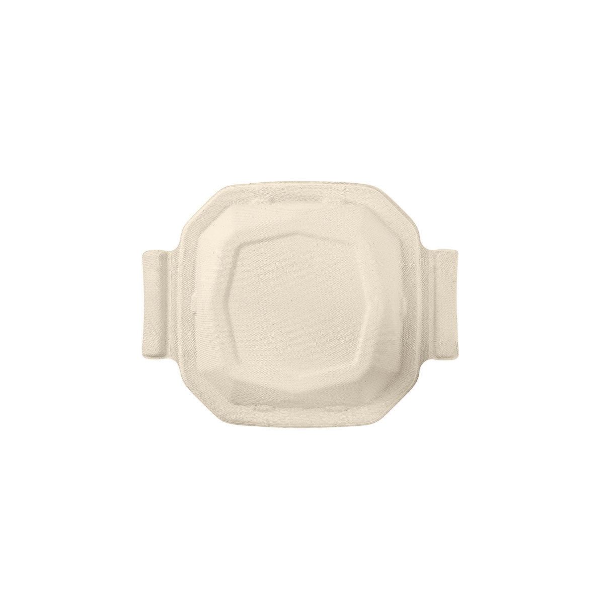 Ein brauner, achteckiger Bagasse-Deckel für 188141, 195970 (244x192x32mm) der Duni GmbH, kompostierbar und einwegfähig, abgebildet von oben; Packung mit 50 Stück.