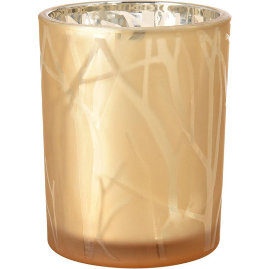 Der Duni GmbH Kerzenhalter Shimmer 100 x 80 mm aus sandfarbenem Glas hat eine matte Außenseite mit abstraktem Linienmuster und reflektierendem Inneren - perfekt als elegante Dekoration für jeden Raum. Die Packung enthält 1 Stück.