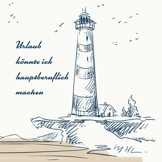Die Zelltuchservietten 33 x 33 cm 2-lagig von Duni GmbH zeigen eine handgezeichnete Küste & Meer-Landschaft mit Möwen und dem deutschen Spruch "Urlaub könnte ich hauptberuflich machen." Die Packung enthält 300 Servietten.