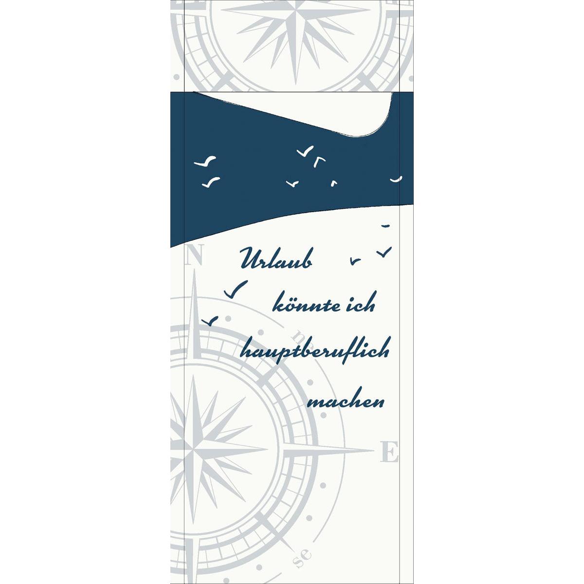 Das marine-weiße Sacchetto Zelltuch 190 x 85 mm der Duni GmbH zeigt Windrosen, fliegende Vögel und den deutschen Text "Urlaub könnte ich hauptberuflich machen".