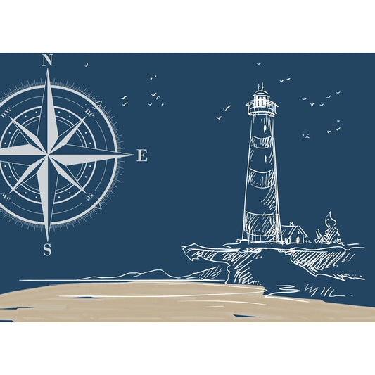 Das dunkelblaue Papier-Tischset (30 x 40 cm) der Duni GmbH zeigt einen Leuchtturm an der Steilküste, ein Haus in der Nähe, auffliegende Vögel und eine Windrose - die perfekte maritime Tischdeko. Küste & Meer Design. Packung mit 250 Stück.