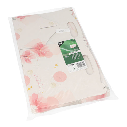 Die PAPSTAR 15 Gebäck-Kartons, Pappe eckig rosé mit Tragegriff der PAPSTAR GmbH sind in einer transparenten Kunststoffverpackung mit floralem rosa-weißem Design ideal für den Transport von Backwaren und verfügen über ein grün-weißes Etikett mit Angaben und Barcode.