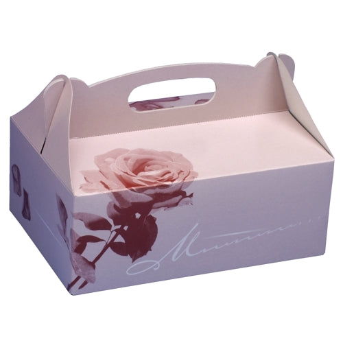 Die PAPSTAR 15 Gebäck-Kartons der PAPSTAR GmbH sind rechteckige, hellrosa Kartons mit Tragegriff, mattem Rosé-Design, großem Rosenmotiv und eleganter Schreibschrift auf der Vorderseite und den Seiten. Die Kartons sind leer.