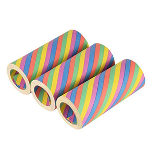 Three empty PAPSTAR 3 giant streamers 15m flame retardant from PAPSTAR GmbH, depicted side by side with bright yellow, blue, pink, green, and orange stripes - perfect for colorful decorations on a white background.
