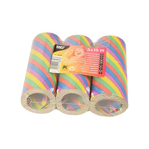 Three rolls PAPSTAR 3 giant streamers (15 m, flame retardant) from PAPSTAR GmbH, in colorful diagonal stripes and plastic packaging with an orange label - ideal for party decoration.
