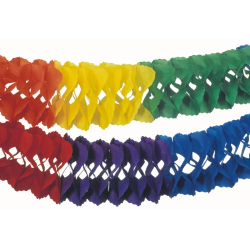 Abgebildet sind zwei PAPSTAR Großraumgirlanden-Luftschlangen (Papier, schwer entflammbar, Ø 25 cm, 10 m) der PAPSTAR GmbH mit rotem, gelbem, grünem, blauem und violettem Gittermuster – leuchtende Dekoration auf weißem Untergrund.