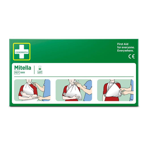 Eine grüne Schachtel mit der Aufschrift "Dreiecksbinde, 2 Stück/Karton" von Orkla Wound Care AB zeigt drei bebilderte Schritte zur Anwendung der Dreiecksbinde als Armschlinge. Ideal für die Erste Hilfe bei Sportverletzungen: "Erste Hilfe für alle. Überall.