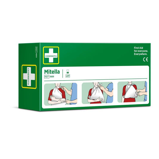 Eine grün-weiße Schachtel von Orkla Wound Care AB mit der Aufschrift "Dreiecksbinde, 2 Stück/Karton" mit Abbildungen zur Verwendung als Armschlinge bei Sportverletzungen; mit Piktogrammen, Anweisungen und einem weißen Kreuzsymbol.