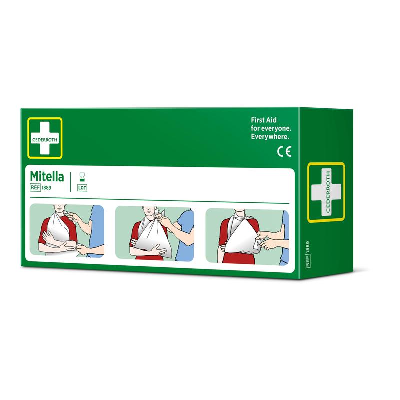 Eine grüne Schachtel mit der Aufschrift "Dreiecksbinde, 2 Stück/Karton | Packung (2 Stück)" von Orkla Wound Care AB zeigt drei Schritte für die Verwendung einer Dreiecksbinde als Armschlinge an einer Person in einem roten Hemd, mit einem weißen Kreuz und Erste Hilfe-Details.