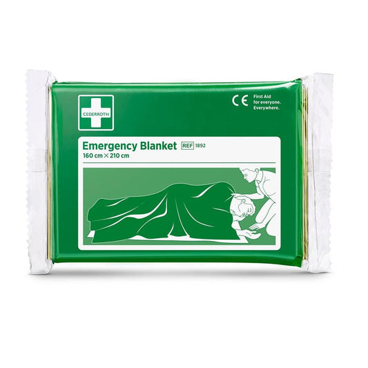 Die Cederroth Notfalldecke | Packung (1 Stück) von Orkla Wound Care AB hat eine grün-weiße Beschriftung mit einer Illustration und die Maße 160 x 210 cm - perfekt für Ihre Erste-Hilfe-Ausrüstung.
