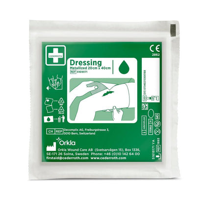 A green-white package with the label "Cederroth Netzverband | Pack (1 piece)" from Orkla Wound Care AB contains illustrated wound care instructions, product details, company information, and medical symbols on the front.