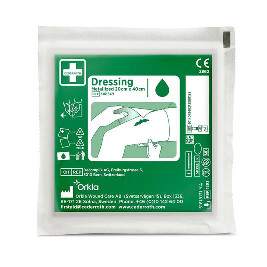 A green-and-white package labeled "Cederroth Net Bandage | Package (1 piece)" by Orkla Wound Care AB features illustrated instructions for wound care, product details, company information, and medical symbols on the front.