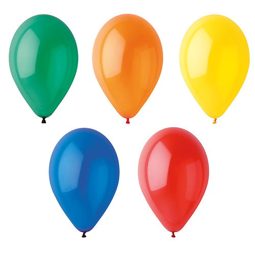 Fünf PAPSTAR 10 Luftballons Ø 25 cm farbig sortiert der PAPSTAR GmbH sind in den Farben Grün, Orange, Gelb (obere Reihe) sowie Blau und Rot (untere Reihe) auf schlichtem weißem Hintergrund abgebildet.