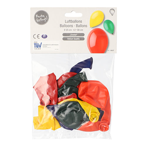 Eine transparente Verpackung der PAPSTAR GmbH mit der Aufschrift „PAPSTAR 10 Luftballons Ø 25 cm farbig sortiert“ enthält sortierte, unaufgeblasene Luftballons in den Farben Rot, Gelb, Grün und Blau mit einem mehrsprachigen Produktinfo-Etikett mit Ballonbildern.