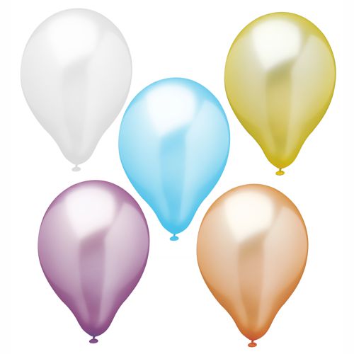 Fünf glänzende PAPSTAR Luftballons (Ø 25 cm, farbig sortiert) der PAPSTAR GmbH sind in einem leichten Bogen auf einem schlichten weißen Hintergrund angeordnet.