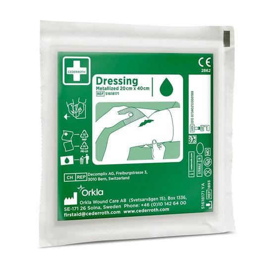 Eine grün-weiße "Cederroth Netzverband | Packung (1 Stück)" von Orkla Wound Care AB, ideal für die Wundversorgung. Die Verpackung enthält Anwendungshinweise, Produktinformationen und Kontaktdaten des Herstellers in Schweden.