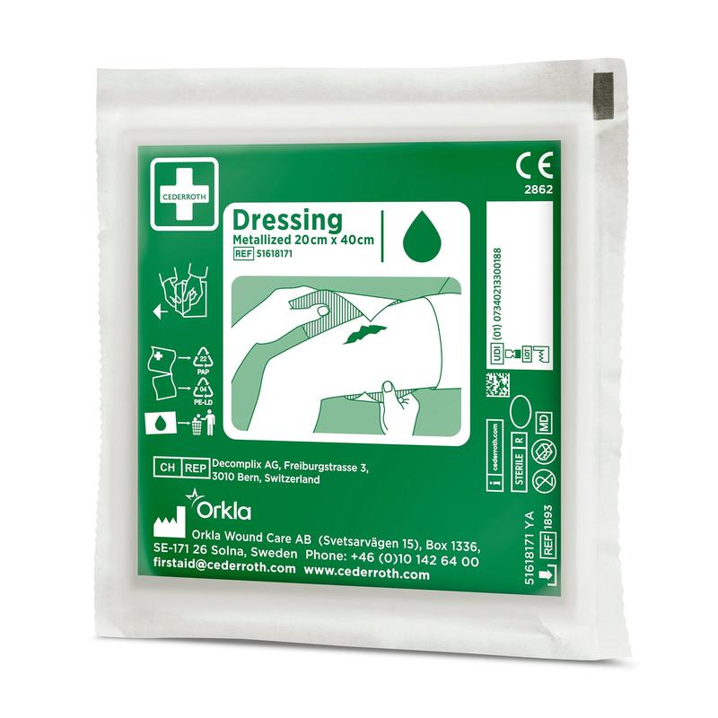Eine grün-weiße Packung mit der Aufschrift "Cederroth Netzverband | Packung (1 Stück)" von Orkla Wound Care AB enthält eine einfache bebilderte Anleitung, Herstellerangaben, Kontaktinformationen und ist ideal für die Wundversorgung.