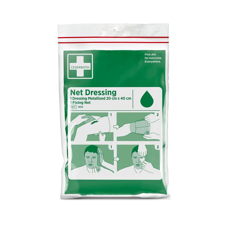 Eine grün-weiße "Cederroth Netzverband | Packung (1 Stück)" von Orkla Wound Care AB (20 x 40 cm) zeigt illustrierte Wundversorgungsanweisungen für einen Arm und eine Hand, mit dem Slogan "Erste Hilfe für alle. Überall.